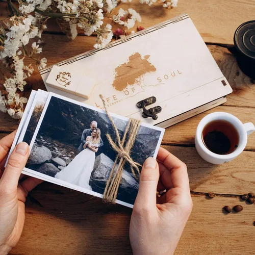 Miniatura 5 de Caja de fotos de boda para impresiones, caja de memoria de madera para fotos y unidad flash USB 3.0 (opcional), caja de regalo personalizada