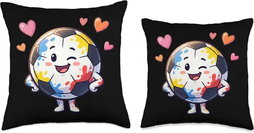 Miniatura 3 de Adorable Soccer Ball Character Colorful Hearts Throw Pillow