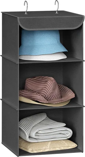 Miniatura 8 de Simple Houseware Organizador de armario colgante de 3 estantes, estantes de almacenamiento de tela con capacidad de 57 litros, color negro