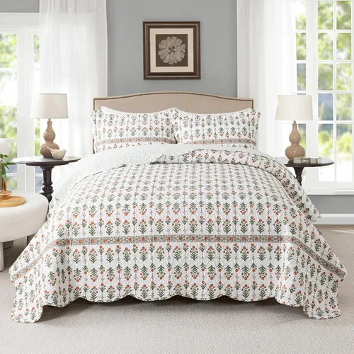 Miniatura 31 de Travan Juego de Edredón de 3 Piezas Tamaño King Colcha Acolchada Ligera Juego de Cubrecama Reversible con Estampado Floral Juego de Ropa de Cama