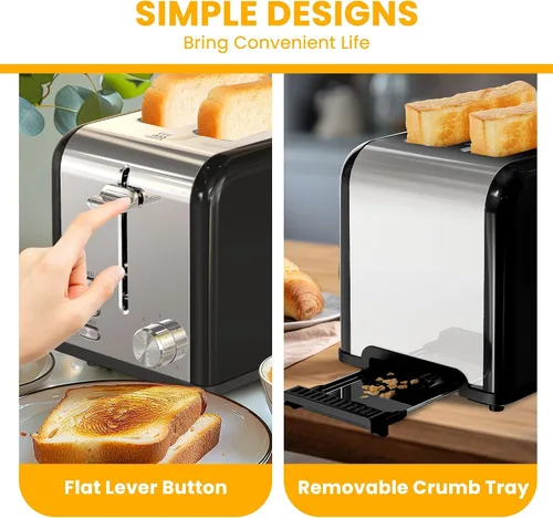 Miniatura 7 de Simple Deluxe Tostadora de 2 rebanadas, tostadora de acero inoxidable, 6 ajustes de tostado y 3 funciones, ranura extra ancha y bandeja extraíble