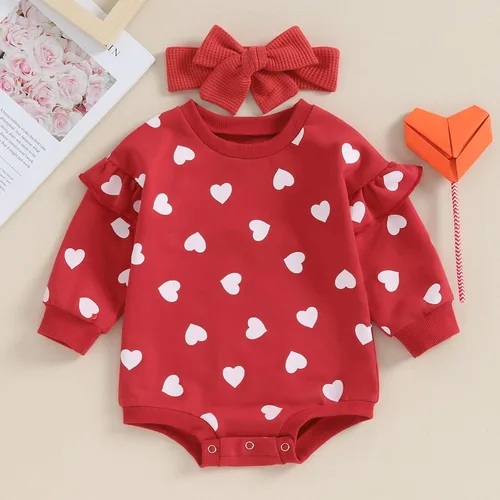 Miniatura 44 de SOLILOQUY Traje de manga larga con cuello redondo para el primer día de San Valentín para bebé niño y niña, mameluco de corazón de amor