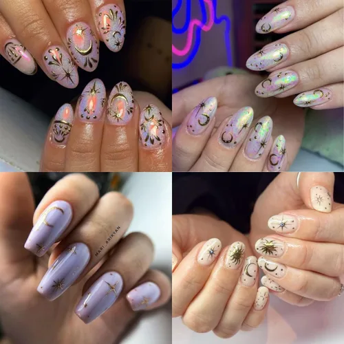 Miniatura 4 de 6 hojas de calcomanías de uñas de estrellas doradas 3D autoadhesivas plateadas, calcomanías de uñas degradadas de corazón y luna, calcomanías