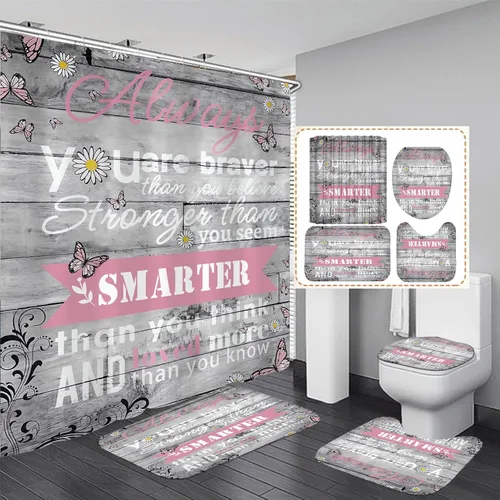 AZHM 4 piezas Juegos de Cortinas de Ducha con Citas Inspiradoras con Alfombras, Juego de Decoración Floral de Baño con Cortina de Ducha y Alfombras