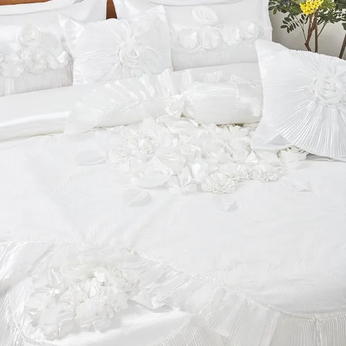 Miniatura 3 de Tache - Juego de edredón de 6 piezas de satén sedoso con volantes de encaje floral blanco perla brillante dulce victoriano glamour lujoso boda