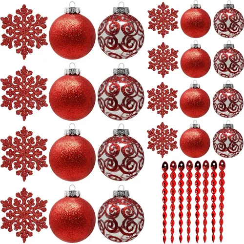 Miniatura 13 de Paquete de 28 adornos navideños de bolas rojas y doradas para decoraciones de árbol - Juego de bolas de plástico irrompibles, carámbanos y copos