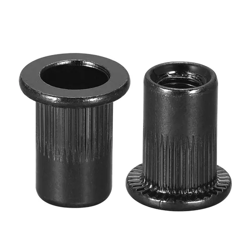Miniatura 10 de uxcell Tuercas de remache M4 de acero al carbono chapadas en zinc moleteado cabeza plana roscada tuerca de inserción negra 20 piezas