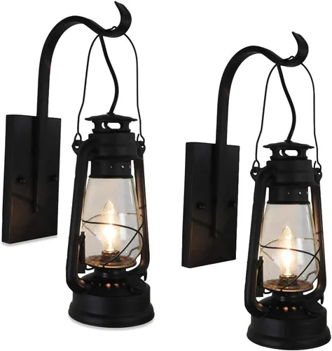 Muskoka Lifestyle Products USA - Juego de 2 lámparas de pared con linterna eléctrica, color negro mate vintage, cableado con bombilla LED y