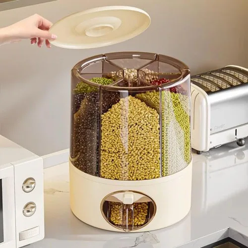 Miniatura 2 de Dispensador de alimentos giratorio de 6 rejillas prémium con tapa sellada, contenedor de almacenamiento de granos de rotación de 360° para arroz
