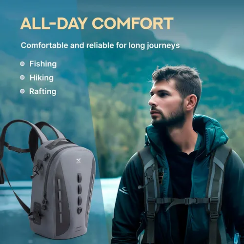 Miniatura 4 de Xelfly Mochila de pesca impermeable G2 con soporte para caña, válvula de aire inflable, correas acolchadas para la cintura y bucles para engranajes