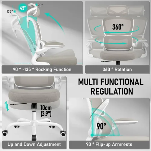 Miniatura 6 de BESTFAIR Silla de oficina ergonómica de respaldo alto, silla de escritorio de malla transpirable con soporte lumbar, reposacabezas ajustables