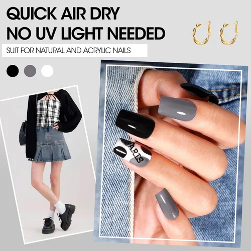 Miniatura 4 de GELLEN Juego de Esmalte de Uñas en 4 Colores Negro, Blanco, Gris & Base y Capa Superior, Esmalte de Uñas de Tendencia Otoño/Invierno Negro, Blanco