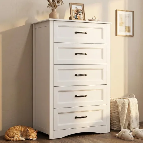 Miniatura 3 de Gizoon - Cómoda de 5 cajones, cómoda de madera blanca para dormitorio, gabinete de almacenamiento de gran capacidad de 43.3" con dispositivo