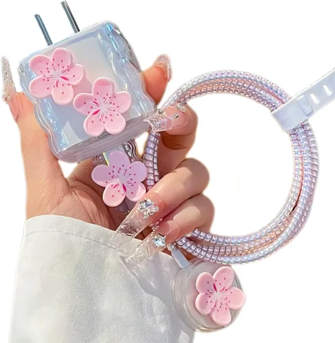 Miniatura 8 de Funda protectora de cable de datos compatible con iPhone Smartwatch Series Ultra2/Ultra/S9/8/7, adaptador de cargador, funda de cargador floral
