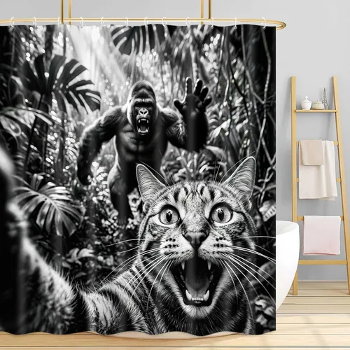 Miniatura 4 de Divertida cortina de ducha con diseño de gato con gorila en la selva, decoración de baño de animales humorísticos en blanco y negro, juego