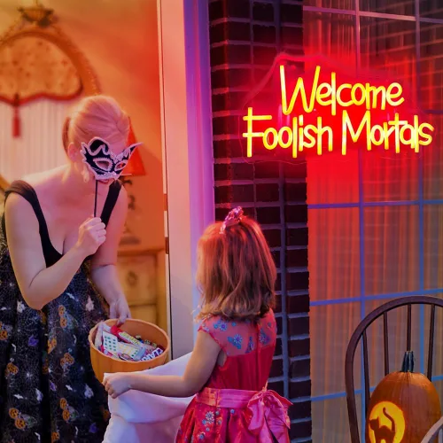 Miniatura 7 de Letrero de neón de Welcome Foolish Mortals, funciona con pilas, para fiesta de Halloween, puerta de casa embrujada, decoración de Halloween