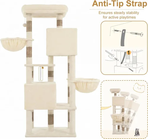 Miniatura 9 de Heybly 68.1" Cat Tree with Oversized Top Platform & Wide Base, Heavy Duty Cat Tower for Large Indoor Cats with 2 Condos, 2 Hammocks, 10 Sisal