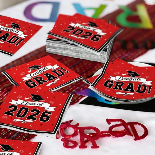 Miniatura 8 de Paquete de 50 servilletas de graduación para la clase de 2026, 6.5 x 6.5 pulgadas, servilletas de graduación rojas, pañuelos de papel clásicos