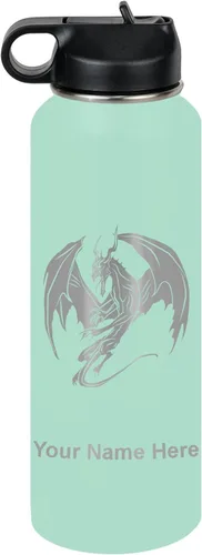 Miniatura 77 de LaserGram Botella de agua con tapa abatible de doble pared de 12 onzas con pajilla, dragón, grabado personalizado incluido (negro)