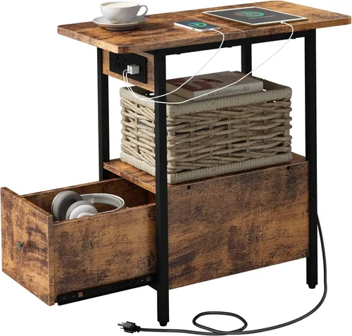 Miniatura 11 de LIDYUK Mesa auxiliar con estación de carga, mesa auxiliar estrecha con cajón, puertos USB y tomas de corriente, mesita de noche para espacios Negro