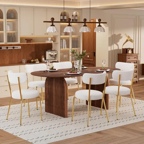Miniatura 11 de Juego de mesa de comedor ovalada moderna de 70 pulgadas con 6 sillas de tela Boucle, mesa de MDF y base resistente a rayas, muebles de cocina