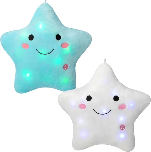 Miniatura 17 de Almohada de estrella brillante de 13.8 pulgadas, almohada de felpa de estrella LED con luces nocturnas coloridas, juguete de estrella suave y Azul