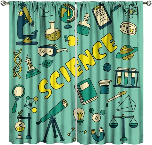 Miniatura 29 de Cortinas opacas para ventanas de ciencia para niños, lupa de libro de laboratorio de ciencia, lupa, frascos moleculares, cortinas impresas