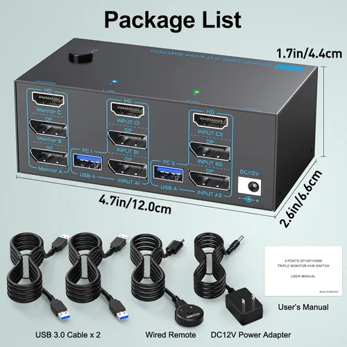 Miniatura 9 de Conmutador KVM 8K 3 Monitores 2 Computadoras Triple Monitor 2 Displayport 1.4 y HDMI 2.1 USB 3.0 Conmutadores KVM, DP 1.4 soporta 8K@30Hz/4K@144Hz