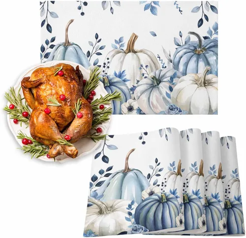 Miniatura 51 de Juego de 4 manteles individuales Boho de otoño, calabazas de acuarela para Acción de Gracias, resistentes al calor, lavables, para mesa, manteles