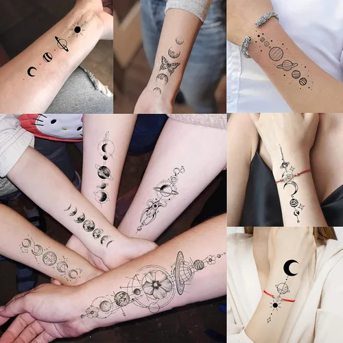 Miniatura 6 de NEZAR - 6 hojas con tatuajes temporales e impermeables, con diseño de planetas geométricos en 3D, estrellas y luna, montaña, para el antebrazo