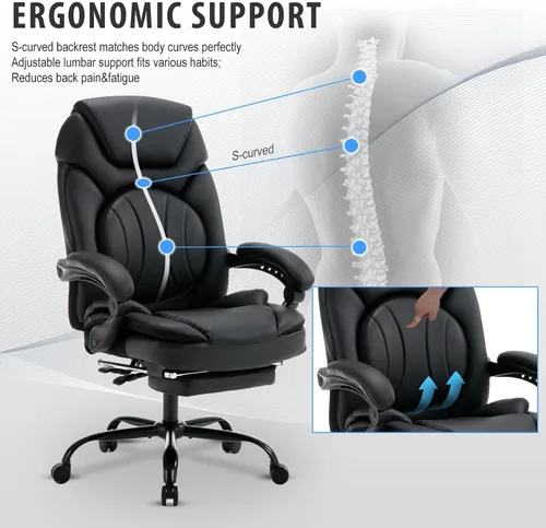 Miniatura 5 de Sillas de escritorio de oficina reclinables de 400 libras con reposapiés, soporte para la espalda, respaldo alto, asiento ancho, sillas reclinables