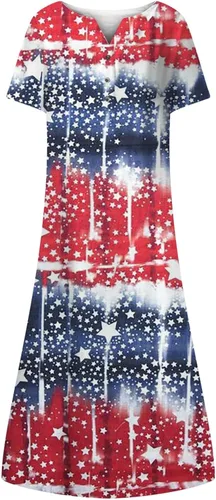 Miniatura 4 de perfectbot Dress for Women Independence Day Dress Summer American Flag Short Sleeve Pocket Crew Neck Flowy Midi Dresses
