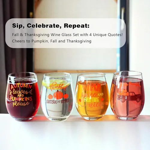 Miniatura 3 de CNVOILA Juego de Vasos de Vino de Acción de Gracias: Vasos y Tazas sin Tallo de 18oz para Decoración y Adornos de Otoño de Acción de Gracias, Tazas