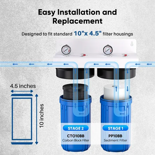 Miniatura 7 de PUREPLUS Combo de filtro de agua para toda la casa de 5 micrones, de 4.5 x 10 pulgadas, con sedimentos y filtro de bloque de carbón activado