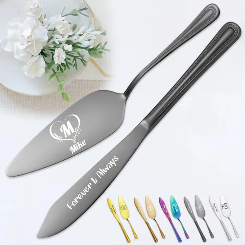 Miniatura 8 de Juego personalizado de corte de pasteles para boda, servidor de pastel de boda grabado gratis, cuchillo de pastel de acero inoxidable y juego