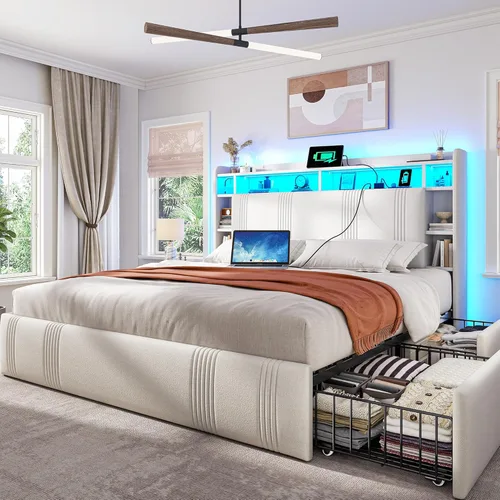 Miniatura 11 de EnHomee Base de cama de tamaño matrimonial con cabecera tapizada con estante, 4 cajones grandes, luces LED, estación de carga, plataforma resistente