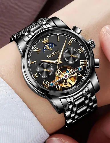 Miniatura 3 de OLEVS Relojes automáticos de cuerda automática para hombre, fecha y día, calendario, relojes de acero inoxidable, movimiento esquelético