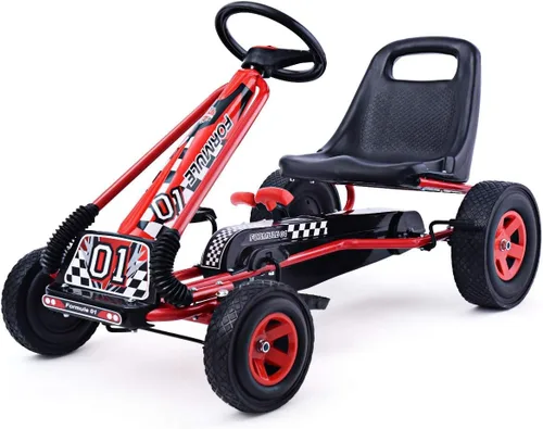 Miniatura 9 de HONEY JOY Go Kart para niños, 4 ruedas con pedal todoterreno cuádruple a pie con volantes y asiento ajustable, 2 frenos de seguridad, neumáticos Rojo