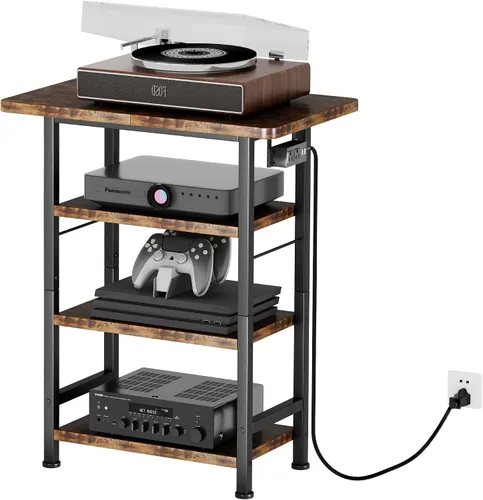 Miniatura 3 de Homeiju Soporte multimedia AV de 4 niveles con toma de corriente, soporte de madera para tocadiscos, centro de entretenimiento con estantes