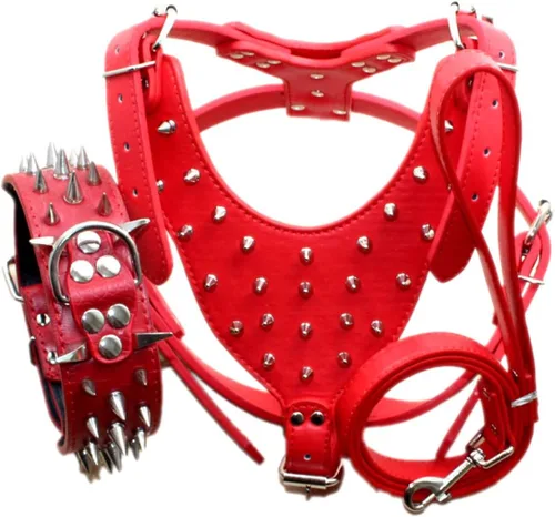 Miniatura 7 de Juego de 3 collares de perro con tachuelas afiladas de cuero, arneses y correas a juego para perros medianos y grandes, mastín, boxer, bull terrier