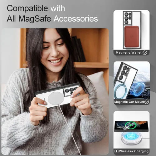 Miniatura 4 de QLTYPRI Funda magnética transparente para Samsung Galaxy S22 Ultra compatible con carga inalámbrica MagSafe, borde galvanizado, suave, delgada, Negro