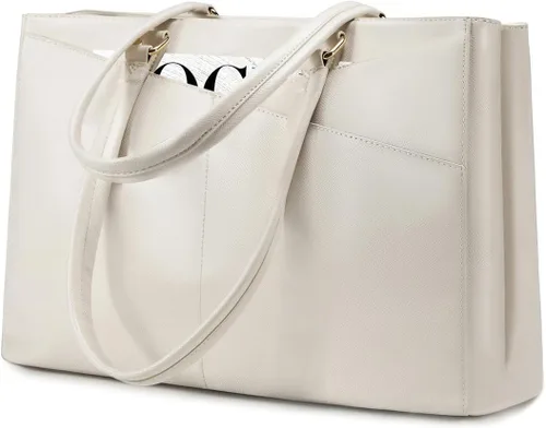 Miniatura 19 de LOVEVOOK Bolsa de mano para computadora portátil para mujer, bolsas de trabajo de cuero de 15.6 pulgadas con soporte grande para tazas para Negro