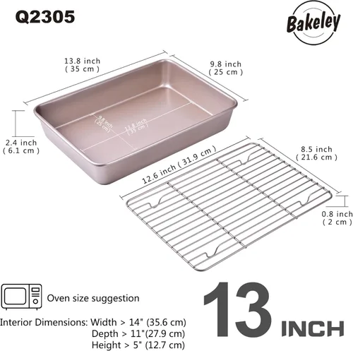 Miniatura 2 de Sartén antiadherente para hornear de 13 pulgadas con rejilla de alambre (1 sartén y 1 estante), antiadherente, rectangular, para horno, barbacoa