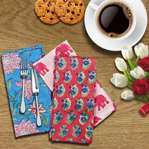 Miniatura 2 de DIYANAIMPEX 10 Servilletas de Tela de Algodón con Estampado en Bloque a Mano Hechas a Mano Tamaño 16x16 Pulgadas Estampadas Decoración del Hogar