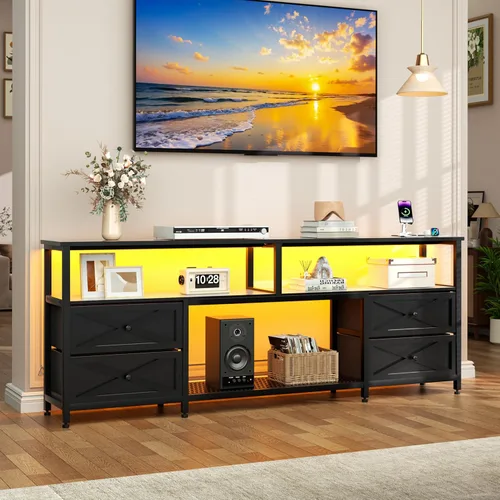 Miniatura 8 de JUSTOGO Soporte de TV con cajones de tela para TV de 65, 70, 75 pulgadas, centro de entretenimiento con estante de almacenamiento abierto, tomas