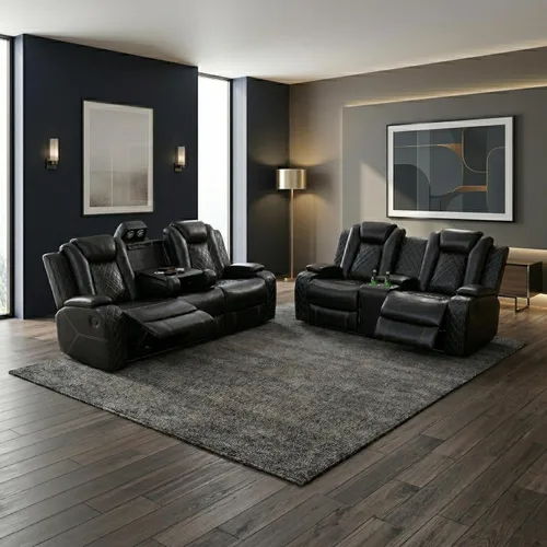 Miniatura 12 de Juego de sofá de cuero reclinable eléctrico, 3 piezas, asientos de cine en casa con luces LED, carga inalámbrica, puertos USB, consola de Negro