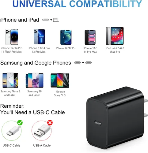 Miniatura 6 de Cargador para iPhone de carga rápida USB C, cargador tipo C, carga iPad con cable de carga C de 6 pies, compatible con iPhone14/14 Pro Negro