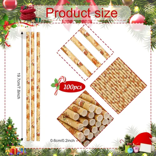 Miniatura 2 de 200 popotes de Navidad para hombre de jengibre, pajitas de papel desechables de Navidad marrones para bebidas y decoraciones de cócteles