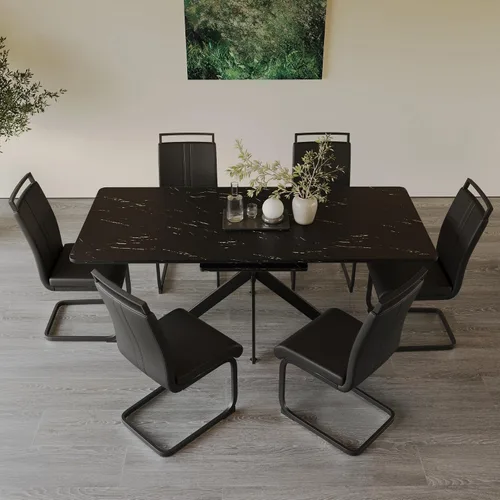 Miniatura 32 de Mesa de comedor de mármol para 4-8, mesa de comedor extensible de 62.4 a 78.15 pulgadas, mesa de cocina moderna, mesa rectangular que ahorra espacio