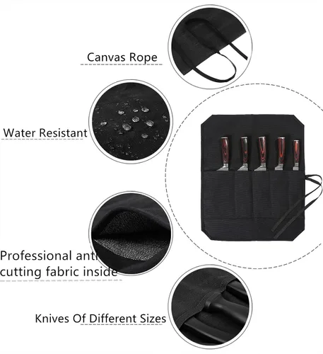 Miniatura 4 de Denifiter Bolsa enrollable para cuchillos de chef con 5 ranuras, rollo de cuchillo de lona de cera con tela profesional anti corte